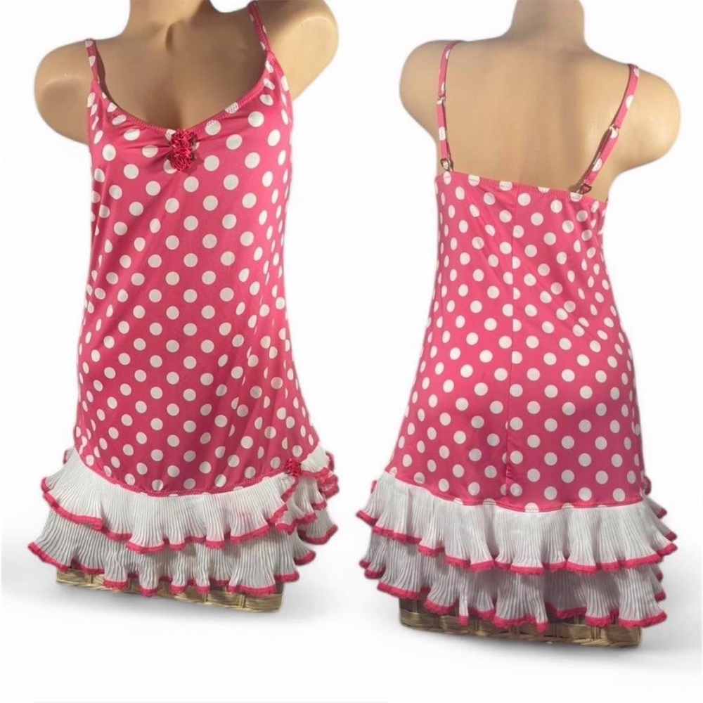 Betsey Johnson Pink and White Polka Dot Swim Coverup Chemise Dress Ruffles Rose